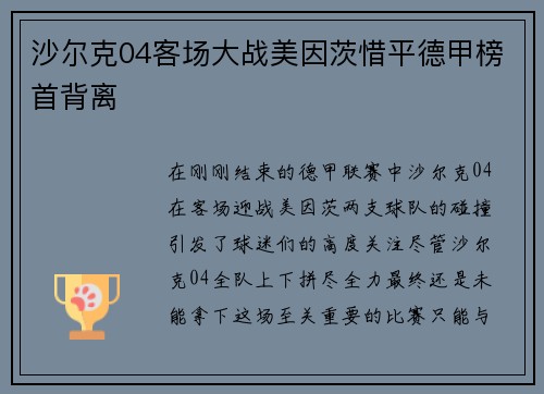 沙尔克04客场大战美因茨惜平德甲榜首背离